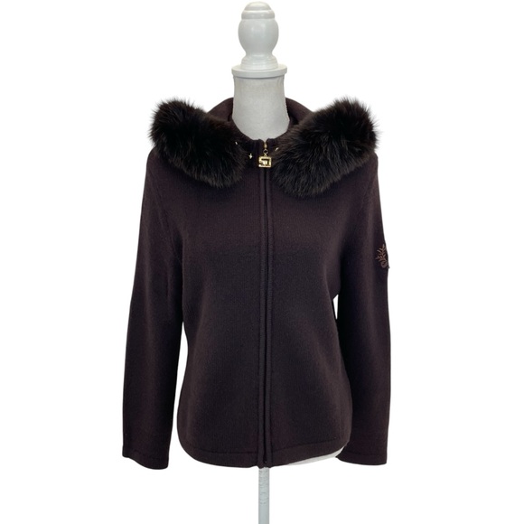 St. John Cashmere Fur Trimmed Sweater Small Brown - Picture 1 of 16